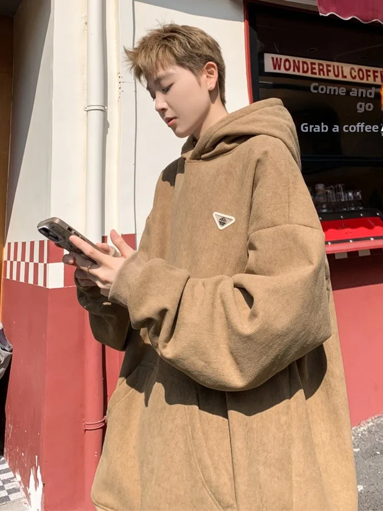 

Men's Fce Lined Hoodie Thiened Corduroy Winter Casual Top American Retro Sle Long Sve Sweatirt with Kangaroo ket