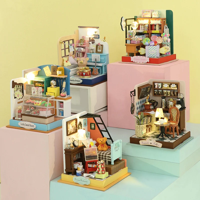 

Diy Wooden Mini Scenes Doll Houses Miniature Building Kits With Furniture Coffee Dessert Store Dollhouse Toys For Adults Gifts