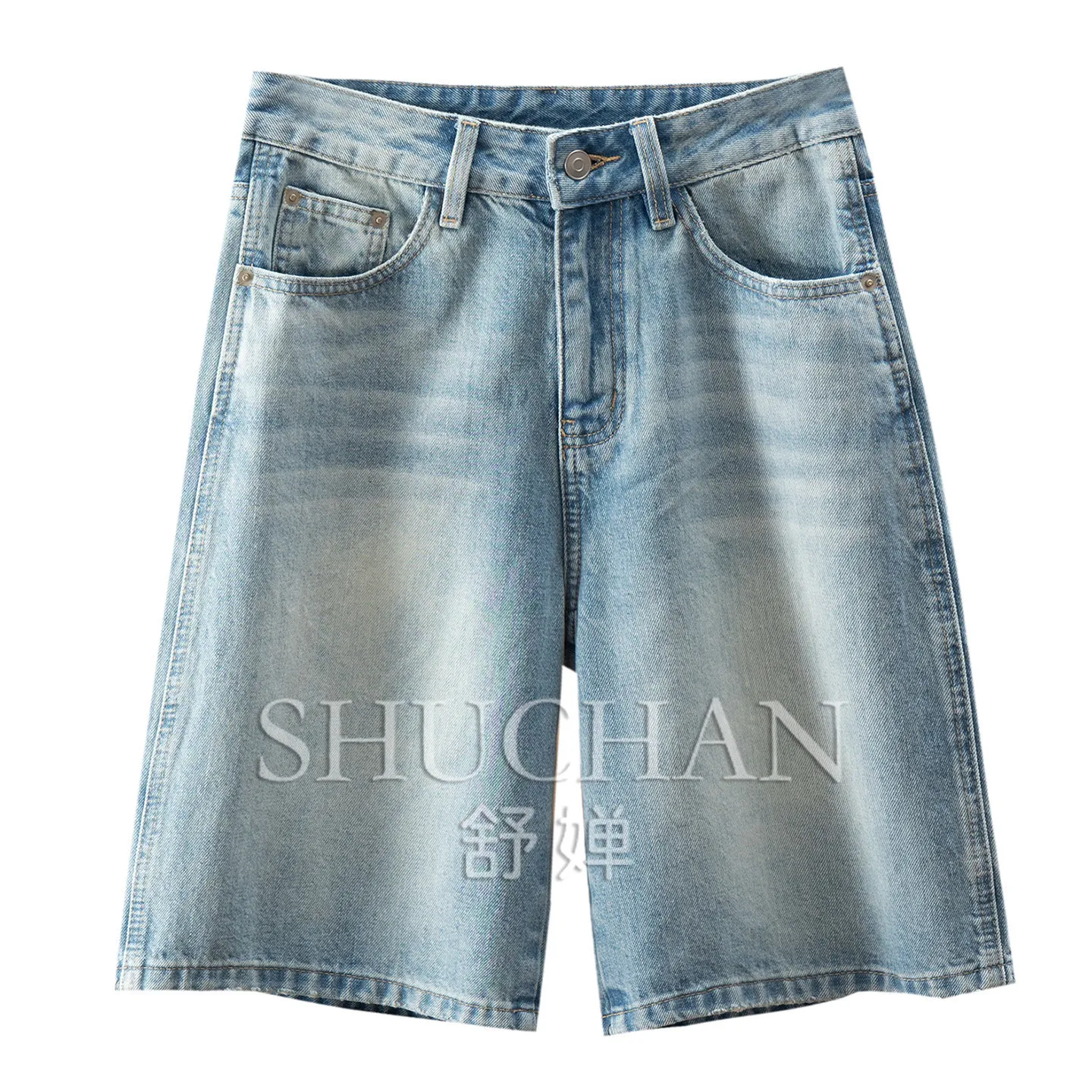 Shorts Summer 100% Cotton Washed Old Denim Straight Wide-leg Five-point Pants Women 42G4