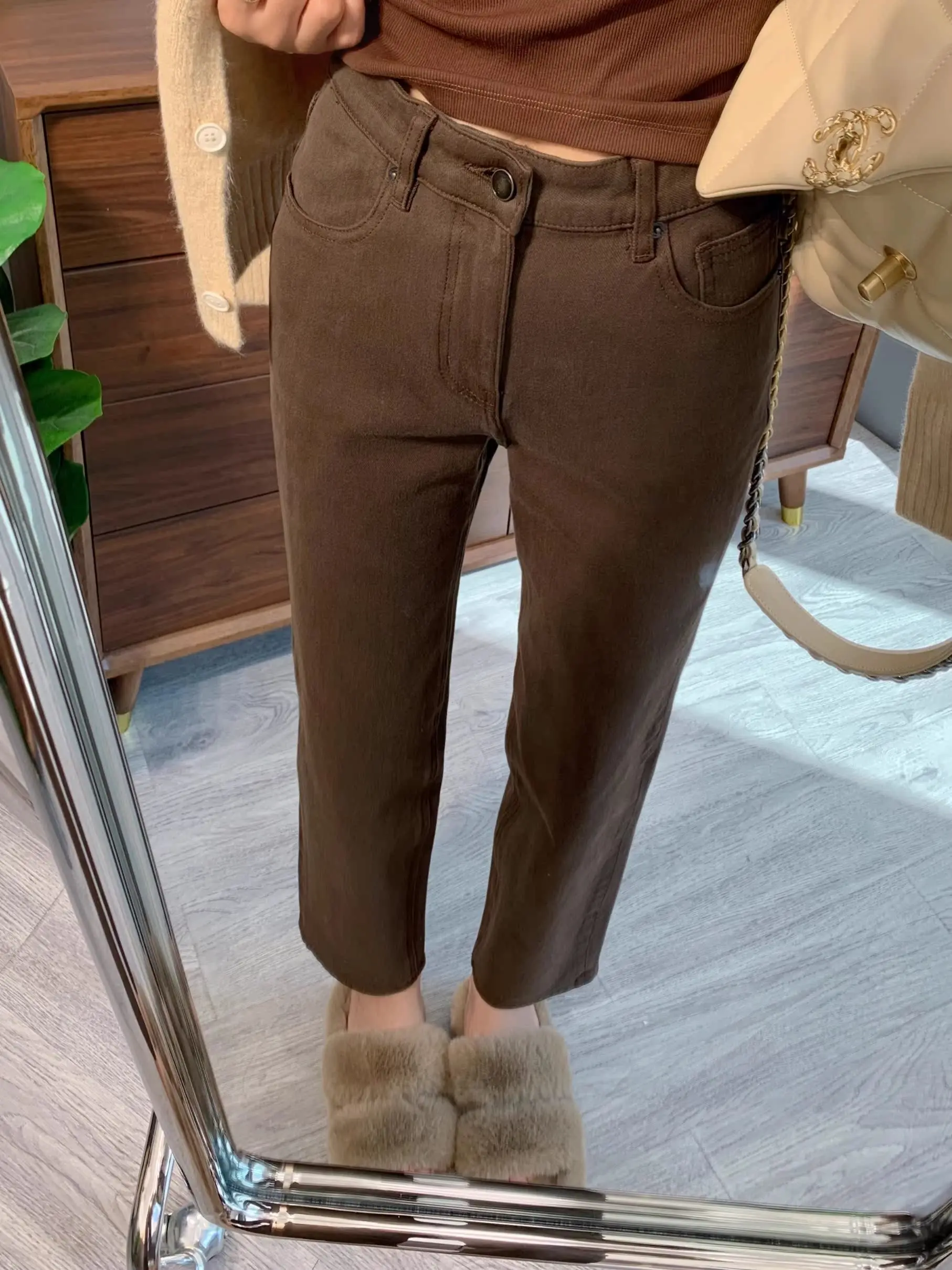 

Retro American Fleece Lined Thick Denim Jeans Women's High Waist Straight Leg Nine Point Smoking Pants Trendy Winter Wear