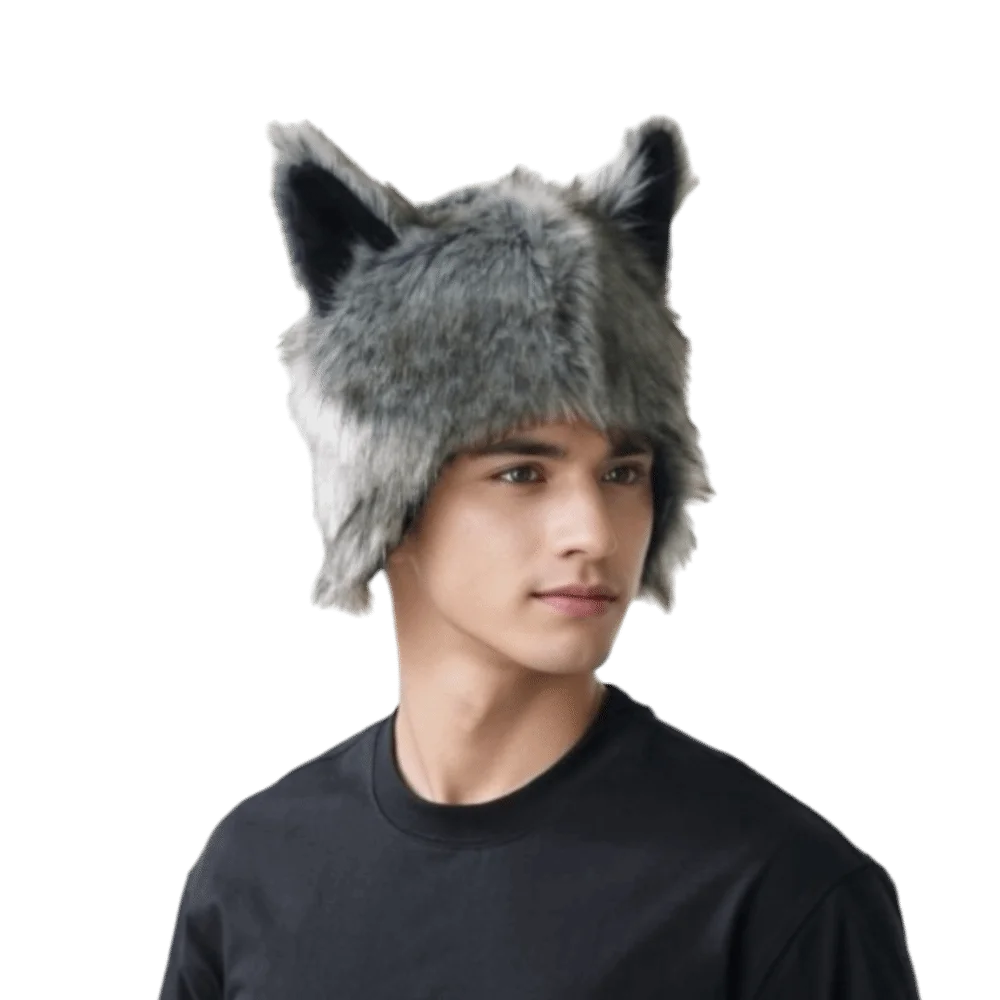Holiday Grey Wolf Paw Cosplay Set Fluffy Texture Hairy Wolf Hat with Ears Faux Fur Animal Cosplay Wolf Claws Carnival Party