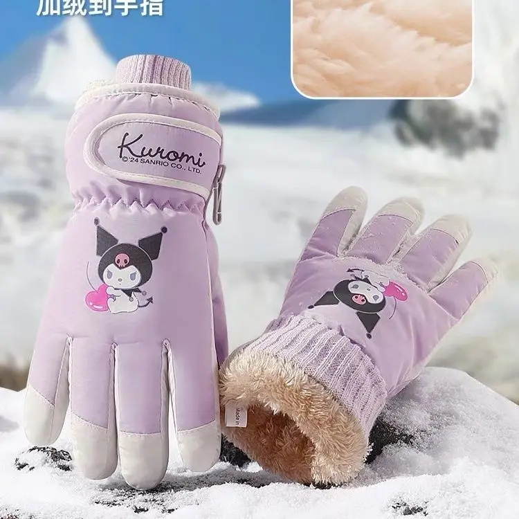 Mininstants Kuromi Anime Cartoon Print Gants non ald pour enfants, chauds, imperméables, coupe-vent, épais, cyclisme, extérieur, hiver