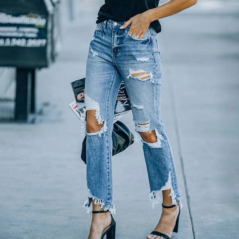 Streetwear Ripped High Waisted Jeans Women 2022 Casual Hollow Out With Pockets Office Ladies Straight Denim Fringes Pants Women