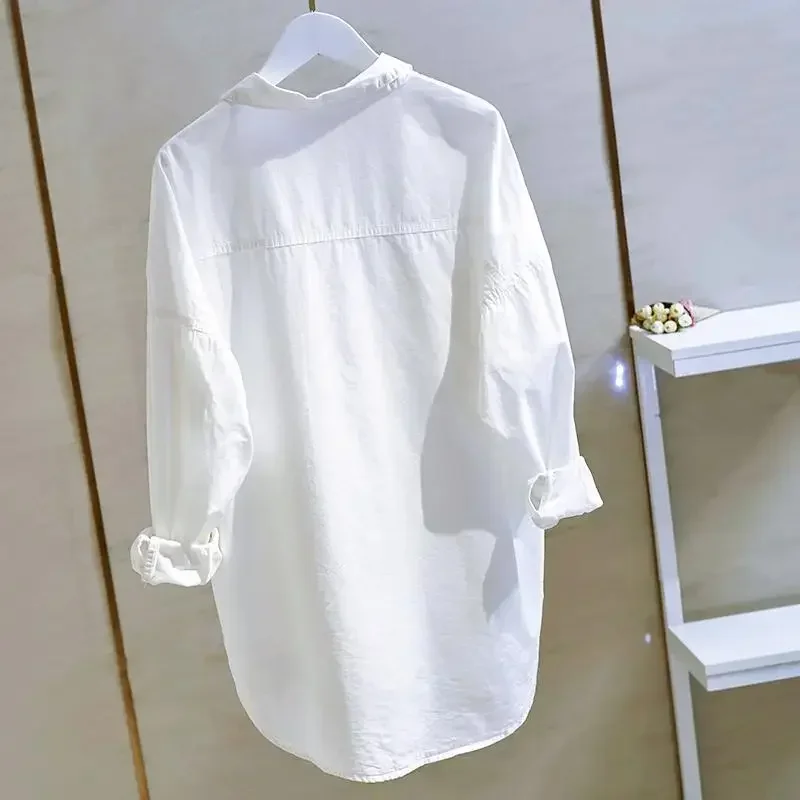 Oversize Shirts Womens 2021 Korean Fashionable Double Pocket Long Sleeve Cotton White Tops Female  Boy Friend Style Trend Blouse