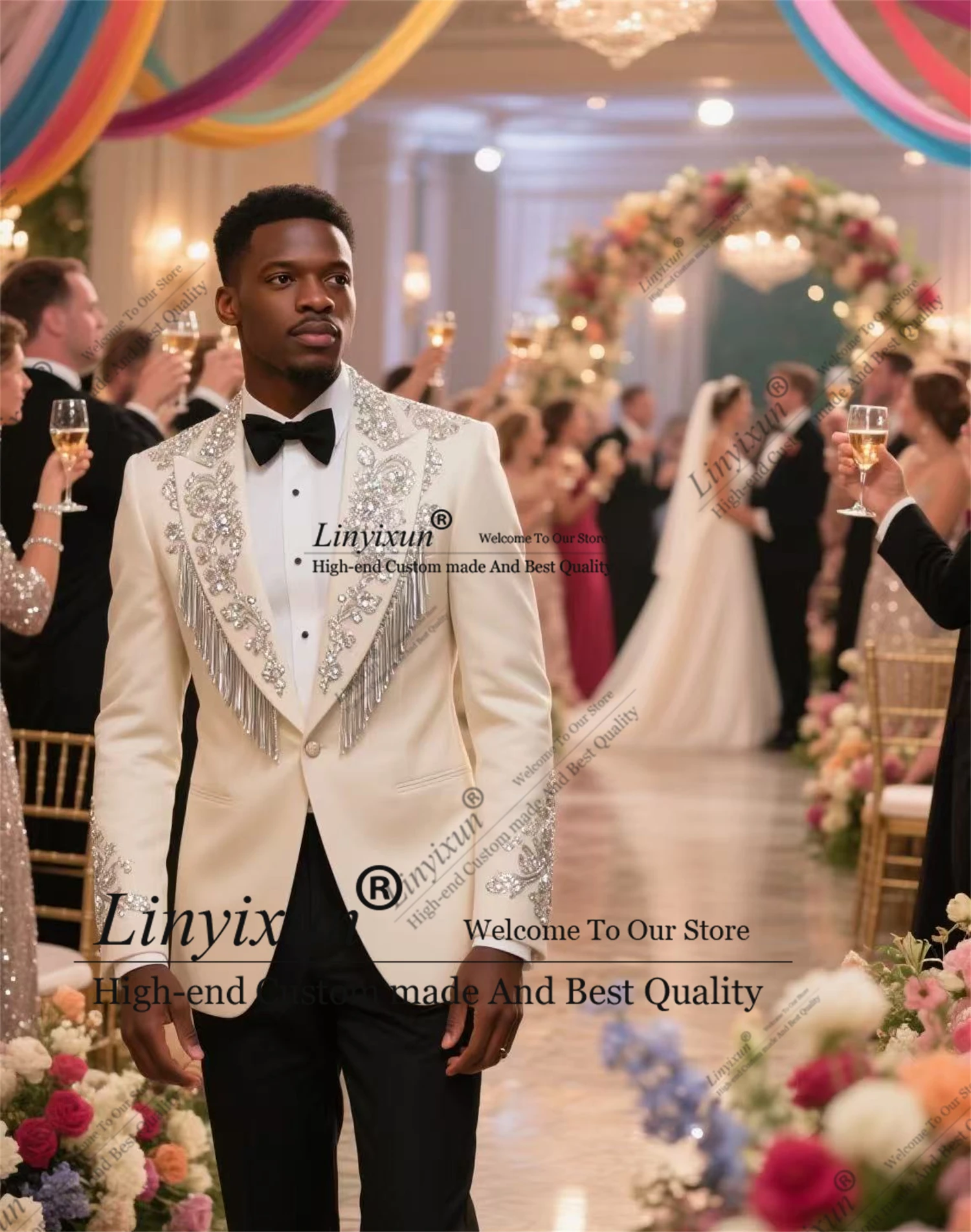 Luxury Men Suit For Wedding 2 Pieces Sets Fashion Male Prom Blazer Sparkly Crystals Beaded trajes para hombre Customized