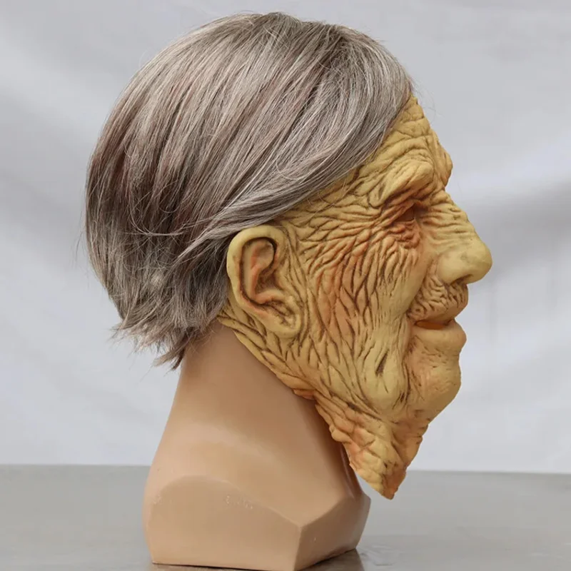 qq78Request7Halloween White-haired Old Lady Latex Rave Party Scary Witch Mask Lifelike Grandma Cosplay Costume Prop - view 6