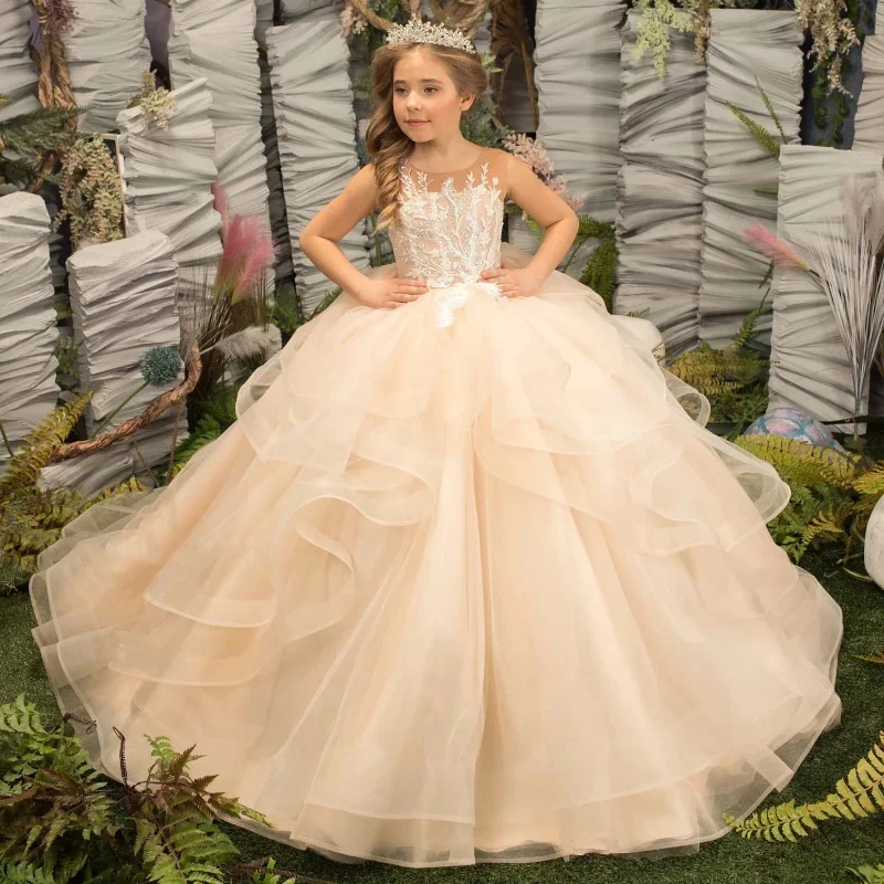 Customized Champagne Flower Girl Dresses For Wedding Floor Length Appliques Elegant Princess Birthday Party First Communion Gown