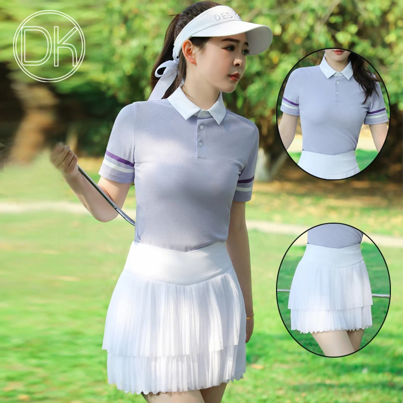 

DK Women Quick-dry Slim Golf Shirts Short-Sleeved Lapel T-shirt Female High Waist Pleated Skirt Double Layer Lace Golf Culottes