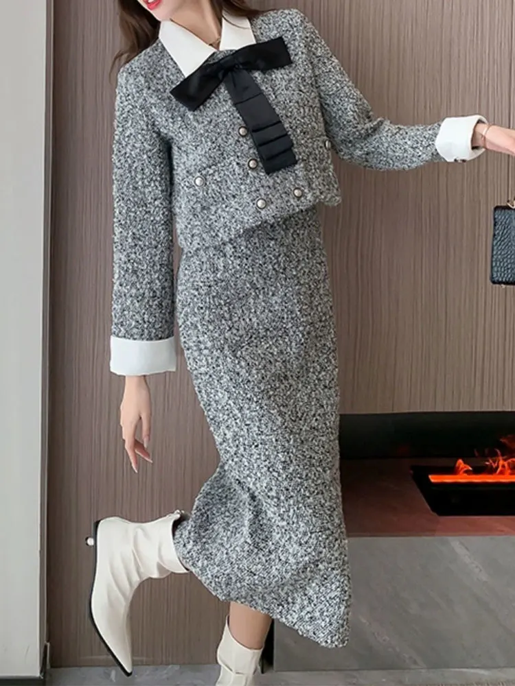 French Elegant Grey Suit Women's 2023 Autumn Winter Stitching Lapel Bow Double-Breasted Short Coat+Long Split Skirt 2-Piece Set