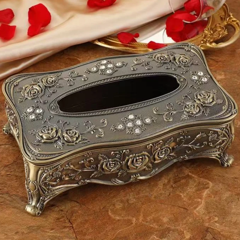 Vintage Bronze Alloy Napkin Extraction Paper Box Toothpick Holder Living Room Napkin Dispenser Organizer Home Desktop Decorative