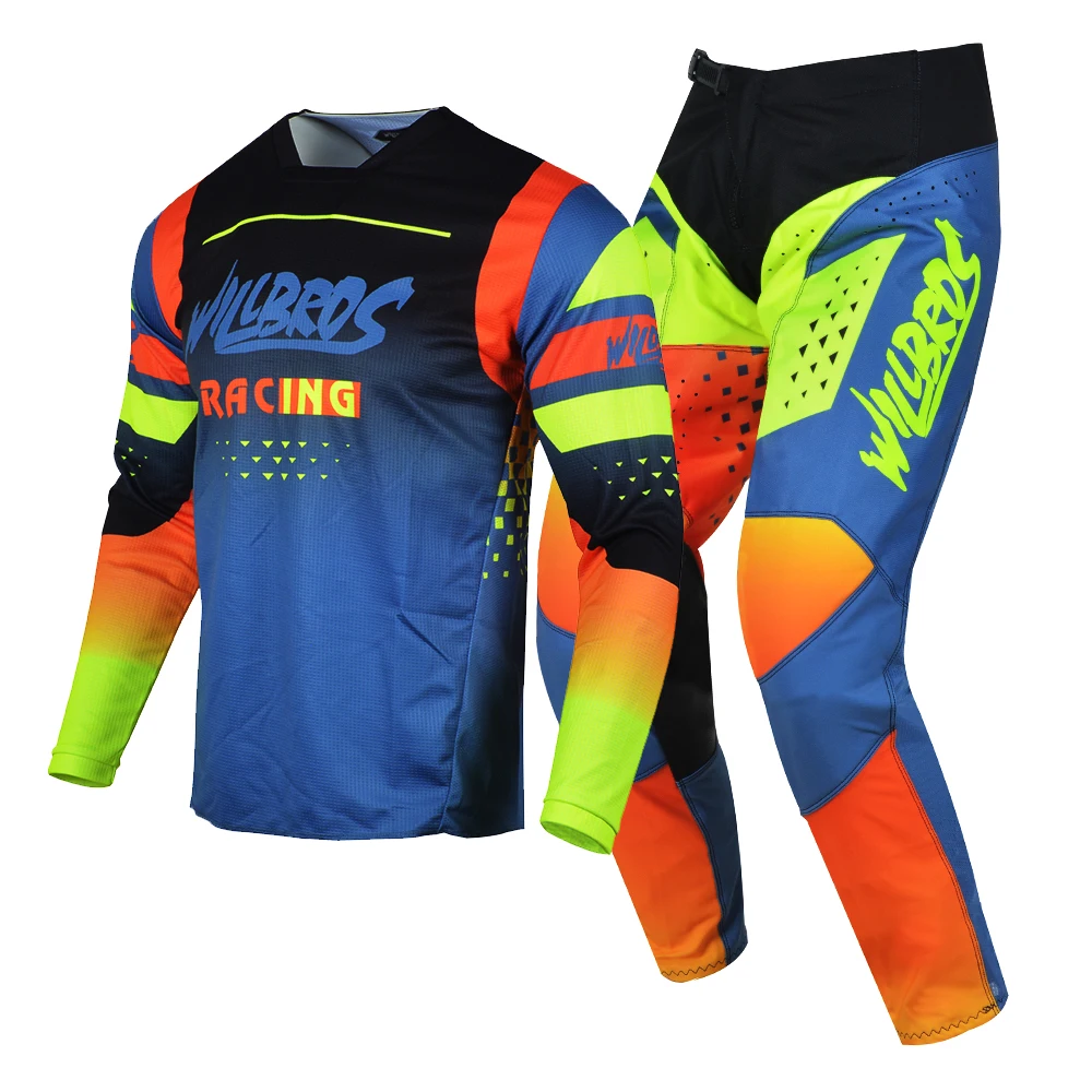 Willbros MX Motocross Blue Yellow Jersey and Pants Combo Dirt Bike Offroad Enduro MTB BMX Outfit Motorcycle Bicycle Racing Kit