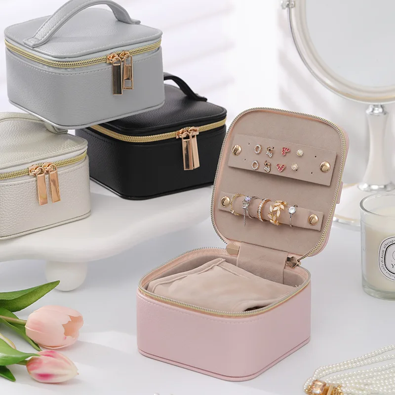 Portable Top Handle Leather Velvet Jewelry Storage Box Large Capacity Travel Jewelry Box Organizer with Moisture-proof Bag