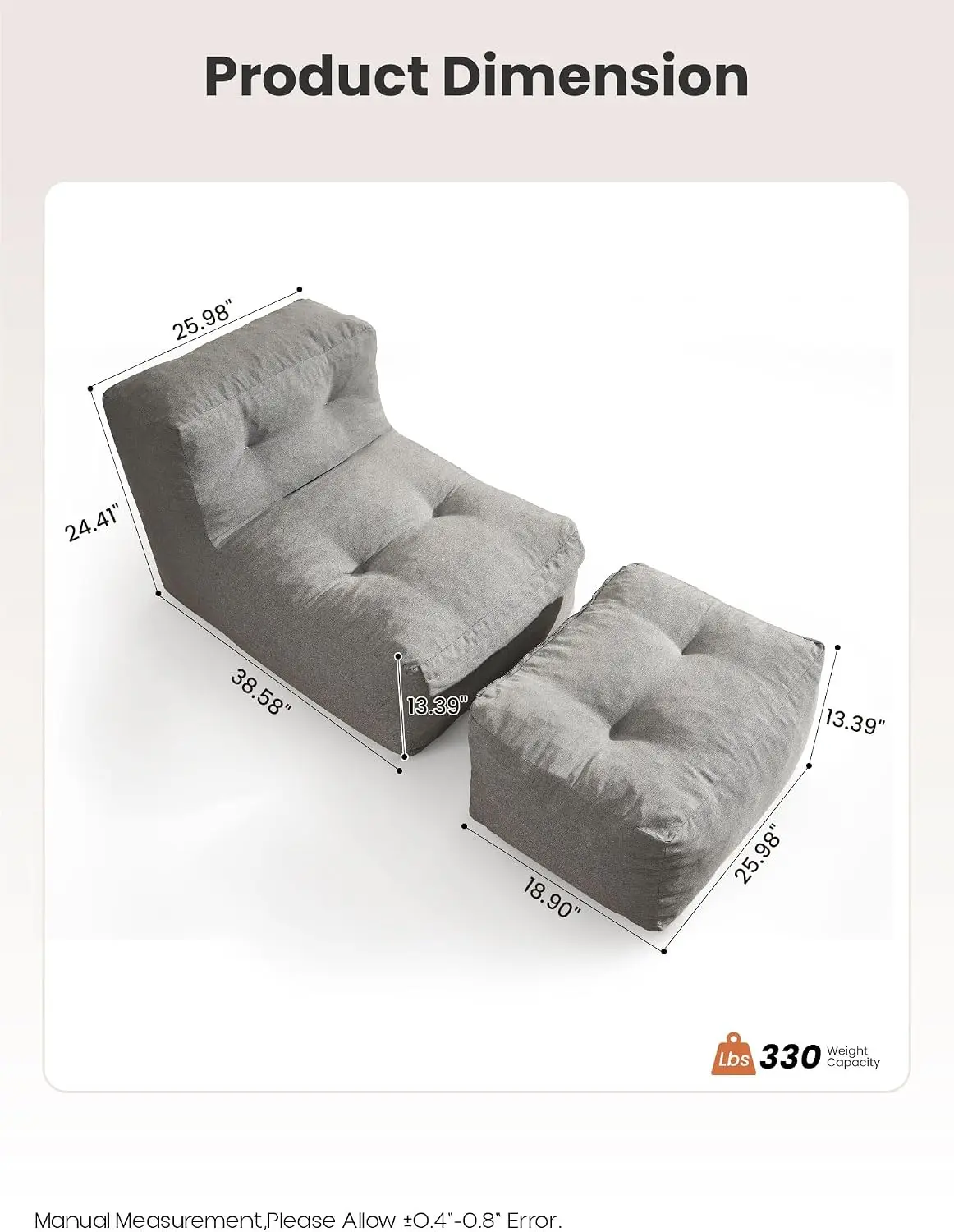 Outdoor Patio Bean Bag Chair With Matching Ottoman, Water Resistant Floor Lounge Daybed Sofa For Balcony Garden Deck, Modern Minimalist Style, Grey, Two Piece Set