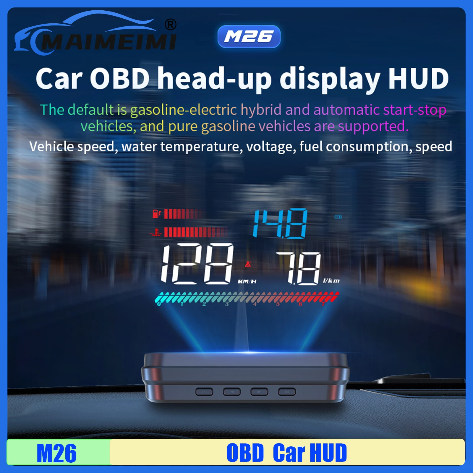 

MAIMEIMI M26 OBD Автомобильный HUD цифровой спидометр Об/мин Напряжение Температура воды Расход топлива Автоматическая сигнализация превышения скорости воздействия