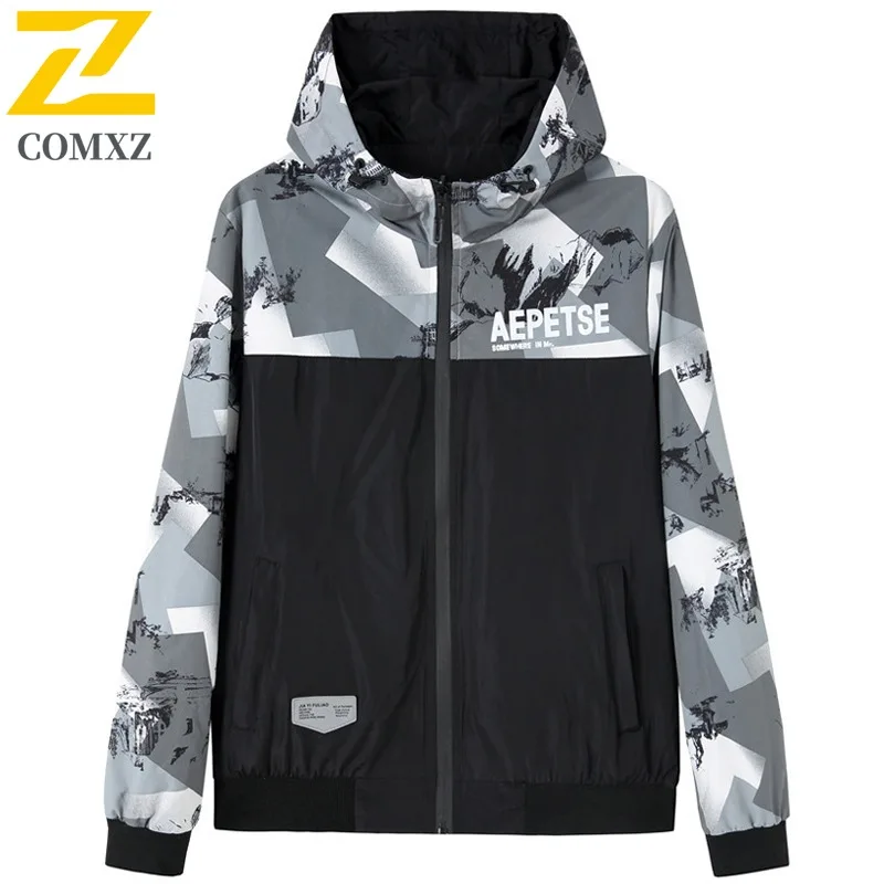 

COMXZ Men Jacket Splicing Hooded Outdoor Hunting Wear Resistant Coat Hiking Travel Windproof Lightweight Autumn Windbreaker