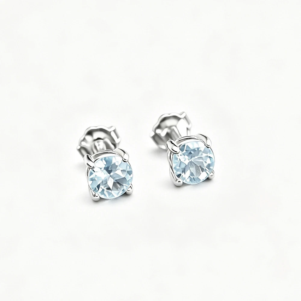 Simple Natural Aquamarine Stud Earrings 925 Sterling Silver Gemstone 4MM Fine Jewelry for Women Engagment Birthday Party Gift