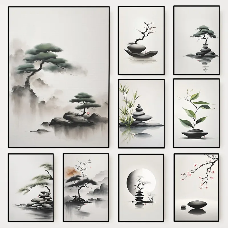 Minimalist Japanese Ink-Wash Artwork Zen Poster Japandi Rock Cairn Canvas  Religion Wall Art for Living Room Home Decor