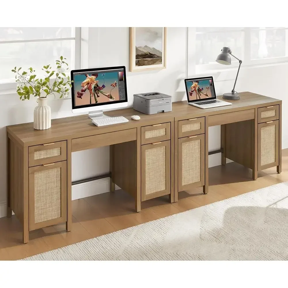 Rattan Storage Executive Desk with Drawers and Cabinet, Oak Finish, Suitable for Home Office, Study, Living Room (Set of 2)