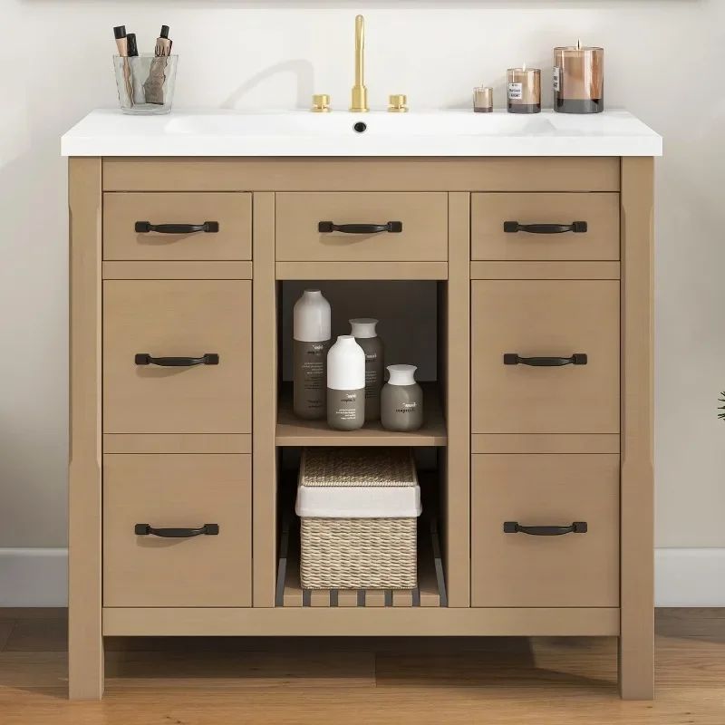 

36inch Bathroom Vanity with Sink,Bathroom Cabinet with 2 Drawers & Storage Doors,Open Storage Space,Solid Wood Frame