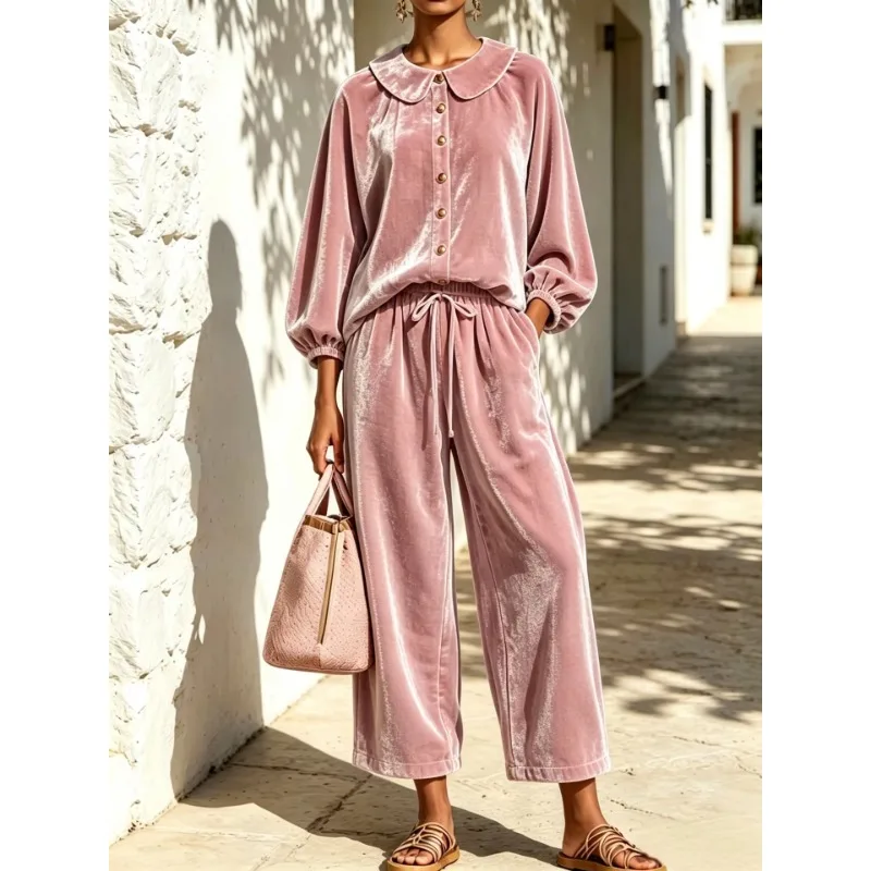 New Lantern Sleeve Tops Wide Leg Pants Sets Women's Autumn Winter Fashion Gold Velvet 2-piece Sets Solid Elegant Casual Outfits