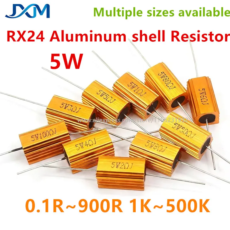 2pcs/lot RX24 5W Gold aluminum shell Resistor 0.1R 0.22R 1R 1.5R 2R 10 12 15 33 47 75R 100 120R 200R 470 680R ohm 1K 10K power