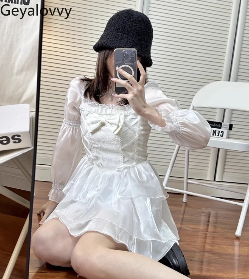 

Spring and Summer New Lace-up Waist Halter Princess Dress Concert Gentle Sweet Birthday Banquet Long Sleeve White Lace Dresses