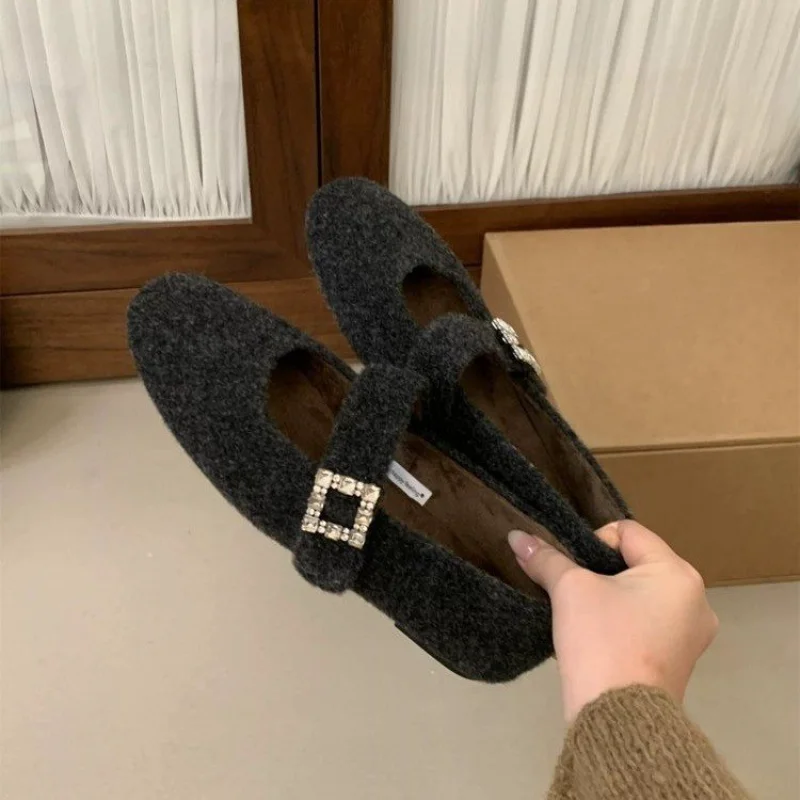 Women's Furry Mary Jane Slip-On Shoes Winter Outerwear Warm Cotton Shoes round Toe Low Heel Natural Rubber Outsole