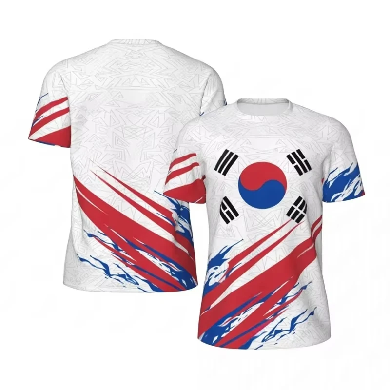 2026 Korea National Fan Soccer Jersey Short Sleeve White Base Brush‑Stroke Red Blue Flag Graphic Football Tee for Adults Kids