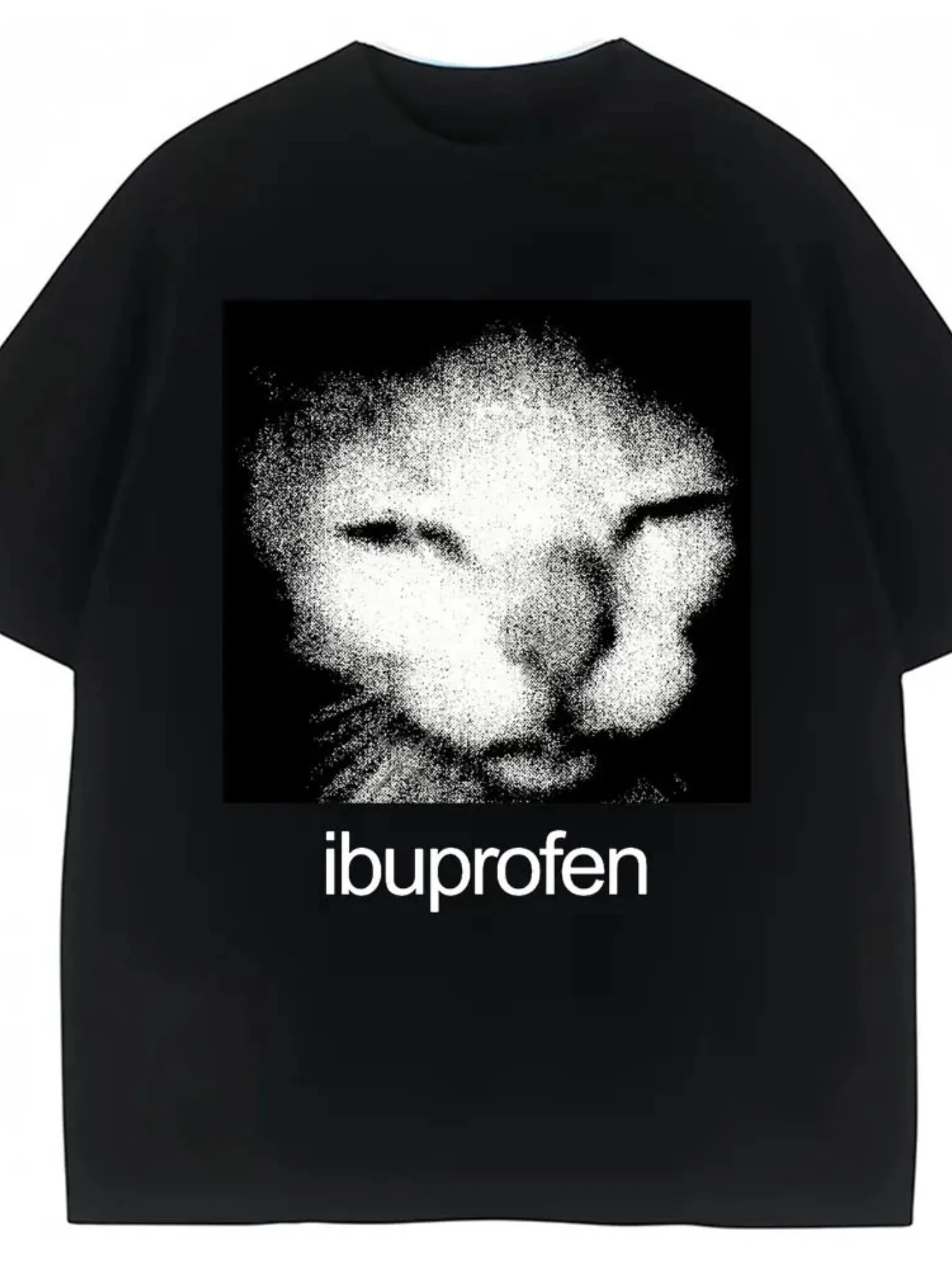 [Plus Size Pattern T-Shirt] Black Casual Plus Size T-Shirt with White Granular Cat Face Pattern And 'Ibuprofen' Text- Loose Fit, Round Neck, Short Sleeve, Suitable for Daily Comfort And Simple Style