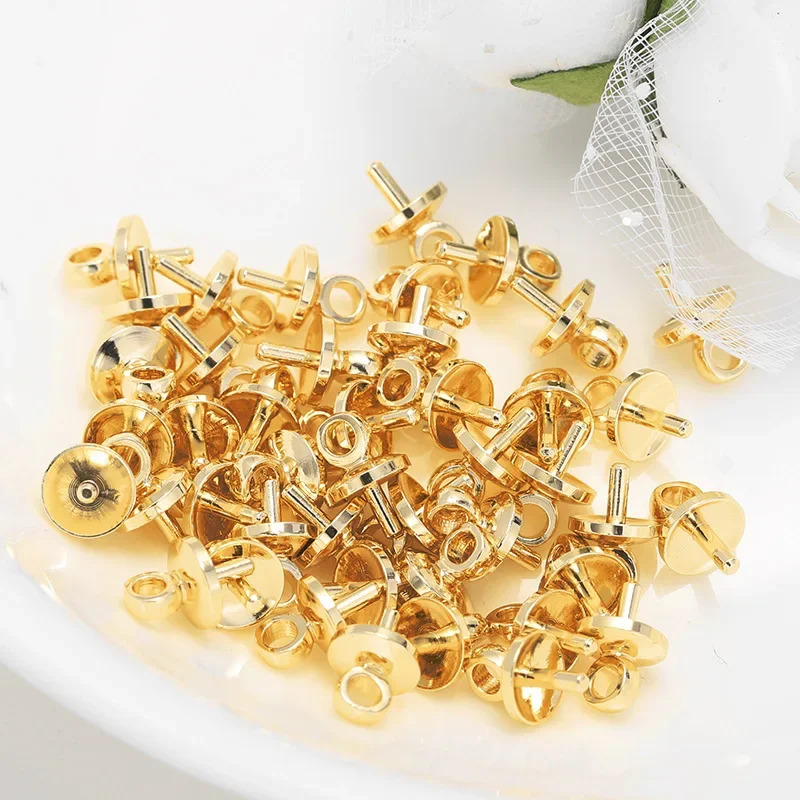 30Pcs Brass 18K Gold Plated Pearl Cup And Peg Dangle Drop Eye Pins Beads End Caps Top Drilled Pendant Bails For Jewelry Making