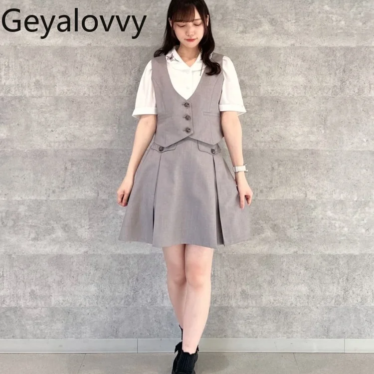 ملابس نسائية مكونة من قطعتين على طراز الكلية اليابانية متعددة الاستخدامات وأنيقة أساسية بدون أكمام، طقم سترة وتنورة كاجوال، طقم صيفي أنيق #1