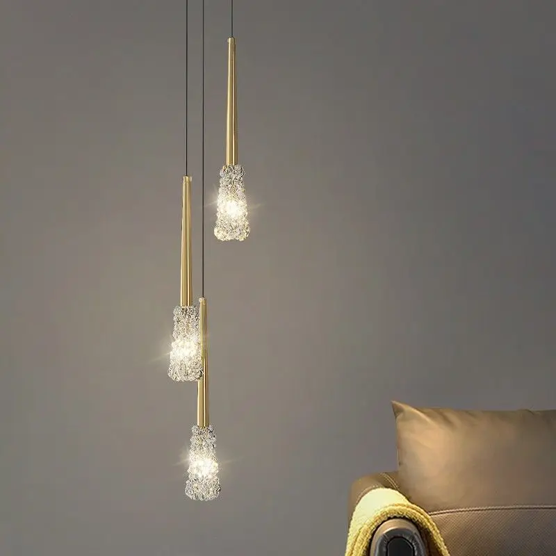 Modern light luxury living room background wall light, simple all copper crystal long line pendant light