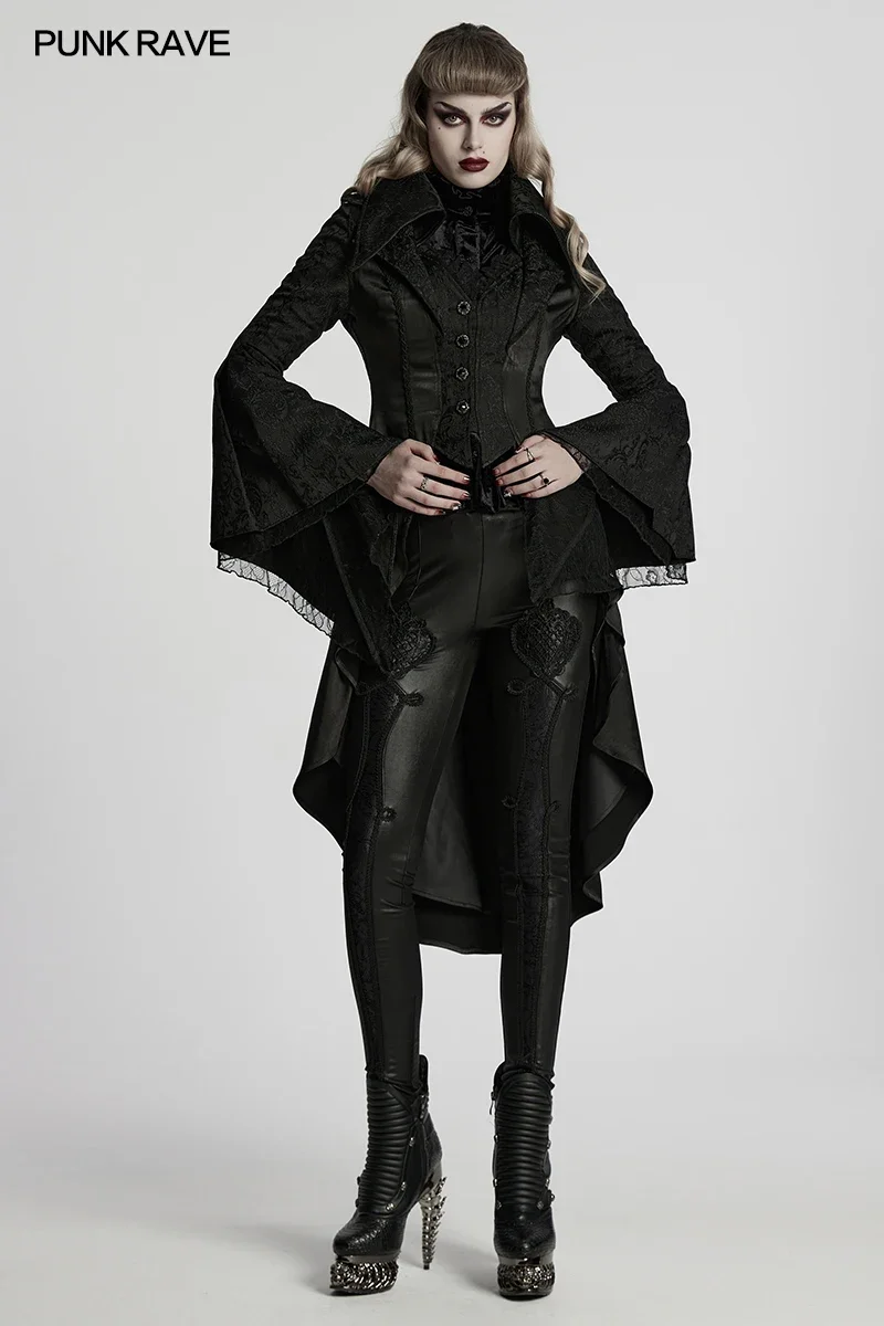 

PUNK RAVE женская готическая великолепная жаккардовая глянцевая тканая кружевная дворцовая куртка с высоким и низким вырезом, дизайн с перекрытием, вечерние клубные длинные пальто