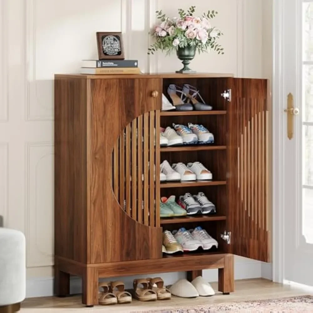 

5-Tier Shoe Cabinet with Round Louvered Doors, 20 Pairs Farmhouse Shoe Storage Cabinet with Adjustable Shelves, Freestanding