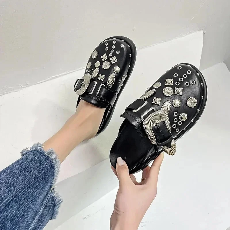 Summer Women Platform Slippers Rivets Punk Rock Leather Mules Creative Metal Fittings Casual Party Shoes Female Outdoor Slides