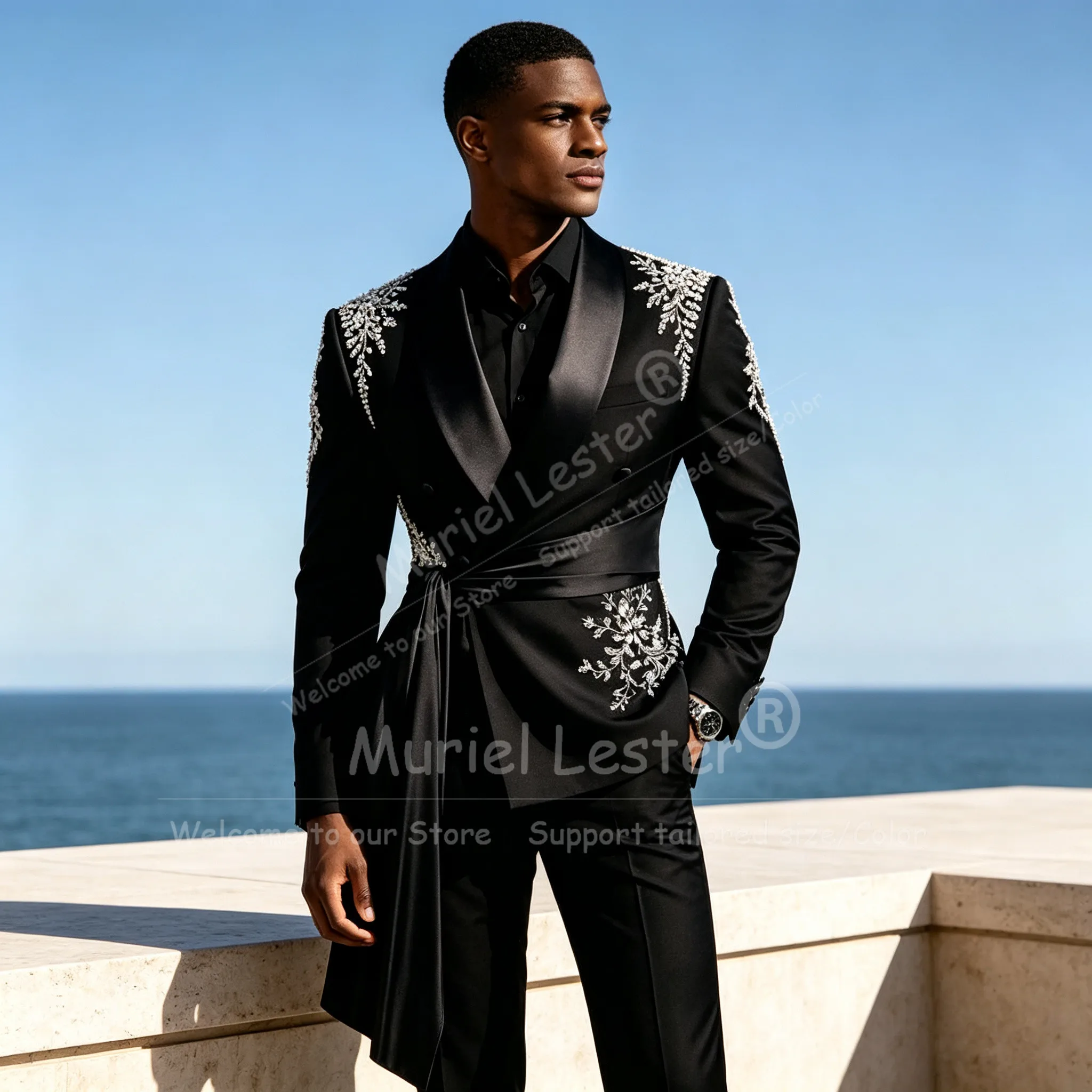 Man Exclusive Wedding Suit Double Breasted Prom Blazer Pants 2 Piece Sets Crystals Beaded Groom Wedding Tuxedo Customized Coat
