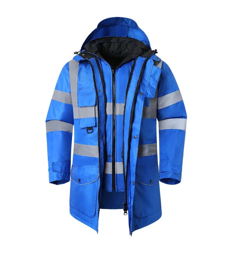 Safety Jacket Reflective Waterproof Windproof Coldproof Hi Vis 7 in 1 Parka Windbreaker Workwear with Detachable Cotton Linner