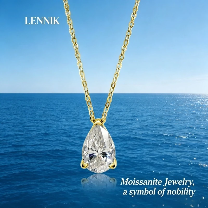 LENNIK Pear-Cut 1/1.5/3/4/5CT D Colored Moissanite Necklace for Women and Men, 925 Silver Teardrop Solitaire Diamond Necklace