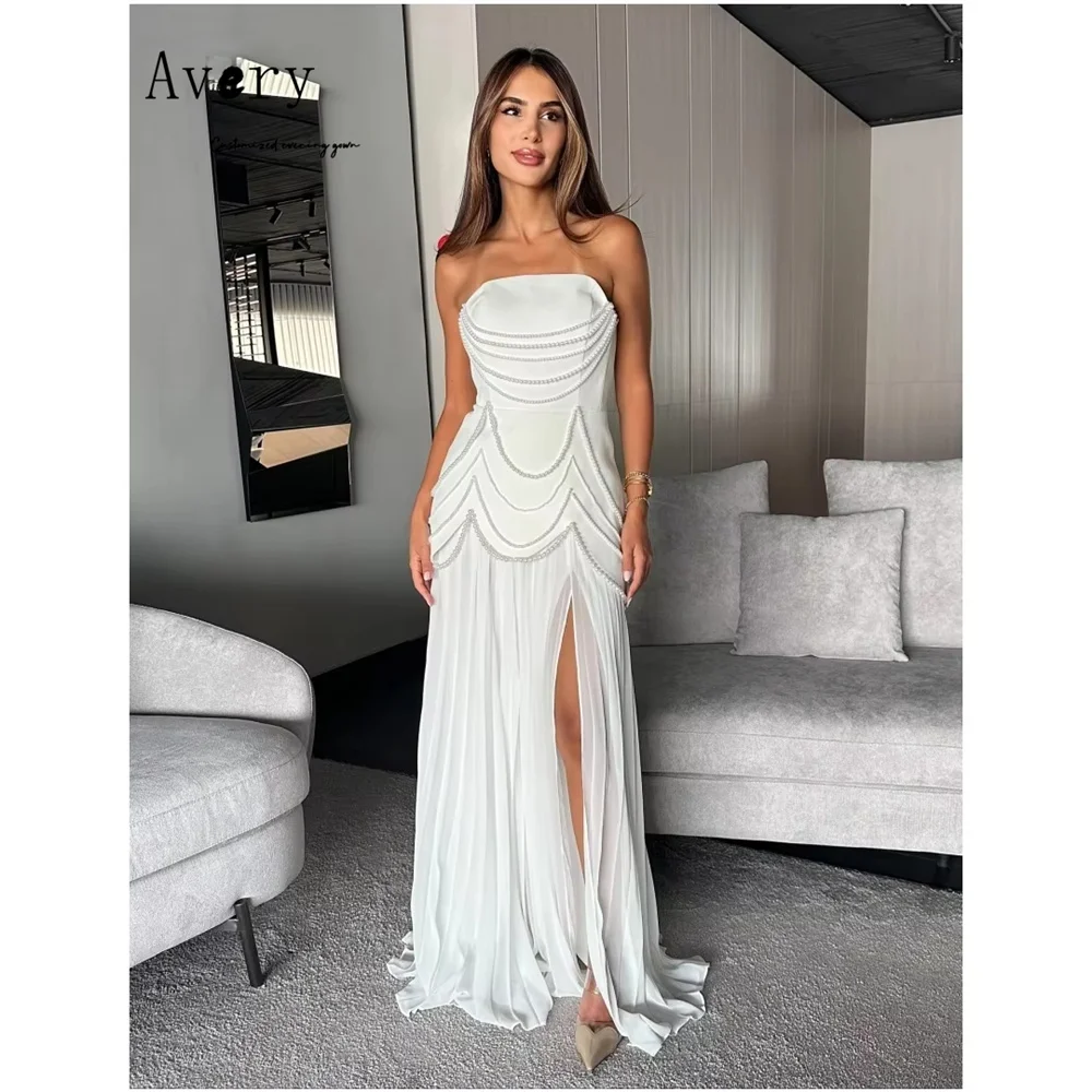 

Avery Custom White Beaded Side Slit Off the Shoulder Elegant Evening Dresses for Woman Luxury Evening Dresses 2025 Dress Party