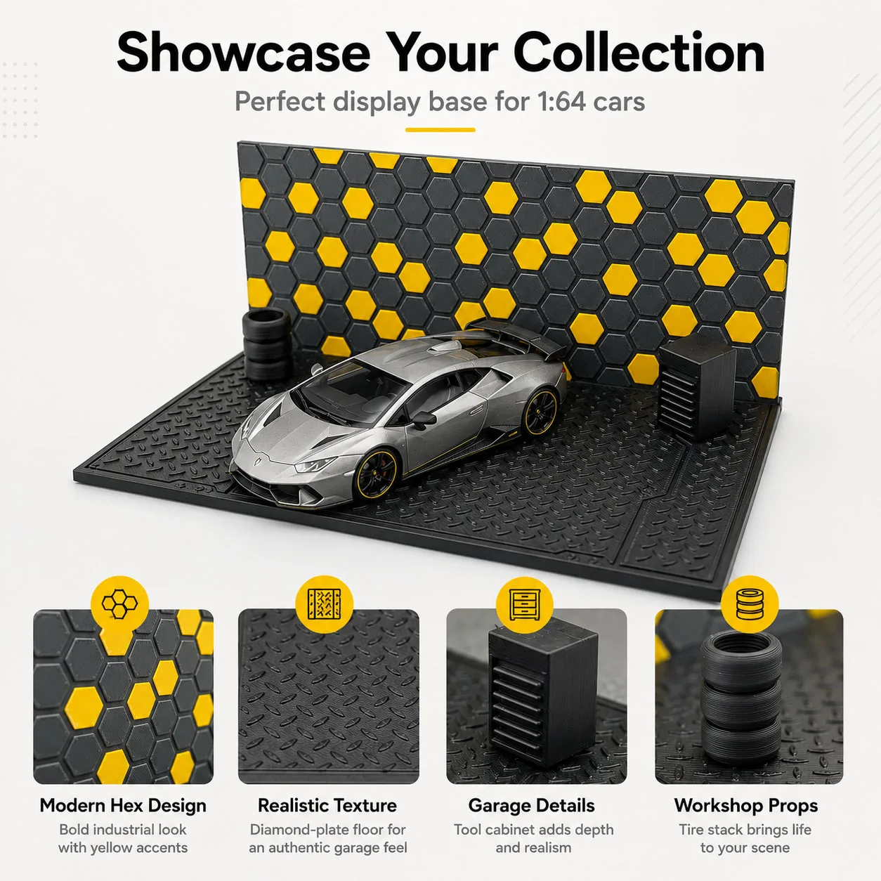 1:64 Car Display Diorama Garage Scene Base, Hex Wall Backdrop, Tire Stack & Tool Cabinet for Diecast Model Cars