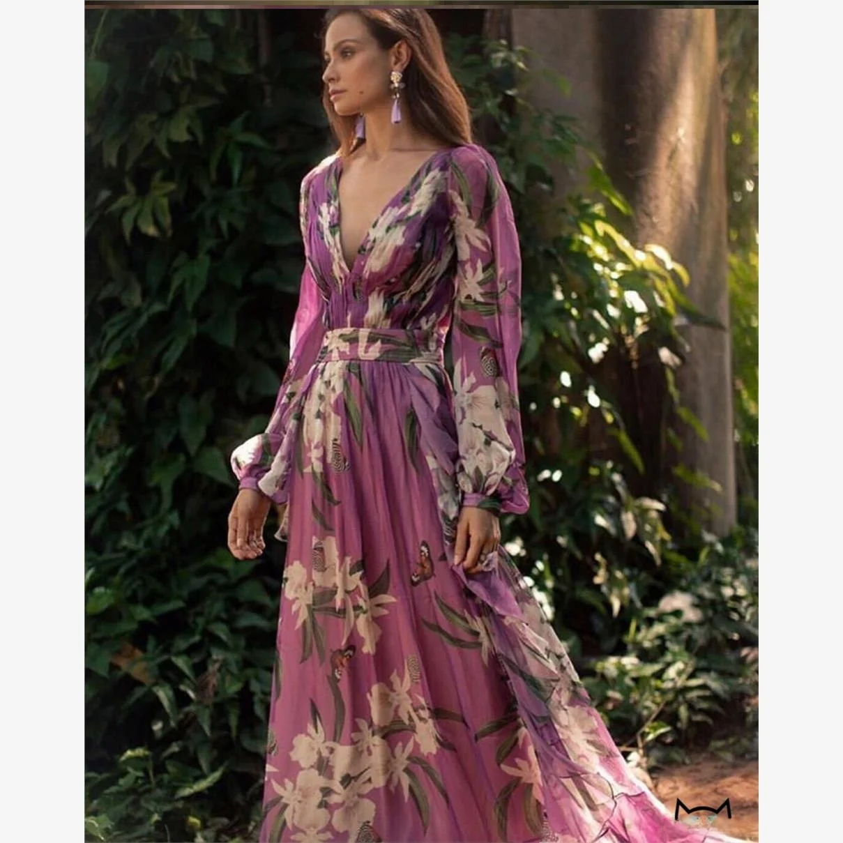 

V-Ne Long Sve Print Maxi Dr Par Dr Large Swing Skirt Purple Print A-Line Dr High Waist Lantern Sve ort D...