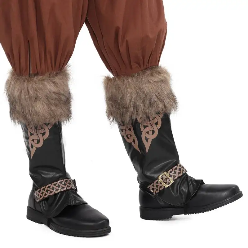 

DAZCOS IN STOCK Medieval Faux Fur Boot Cover with CelticKnot Print Faux Leather Pirate Leg Covers with Zip Halloween Accessories