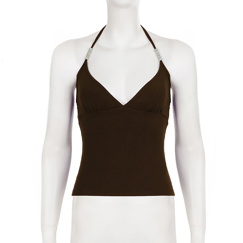 SUCHCUTE Sexy tief ausgeschnittenes Neckholder-Top mit Perlen für Damen, Basic, ärmellos, schmal geschnittenes Tanktop, Y2k-Mode, Cami-Top, Sommerkleidung, lässig – Detail 5