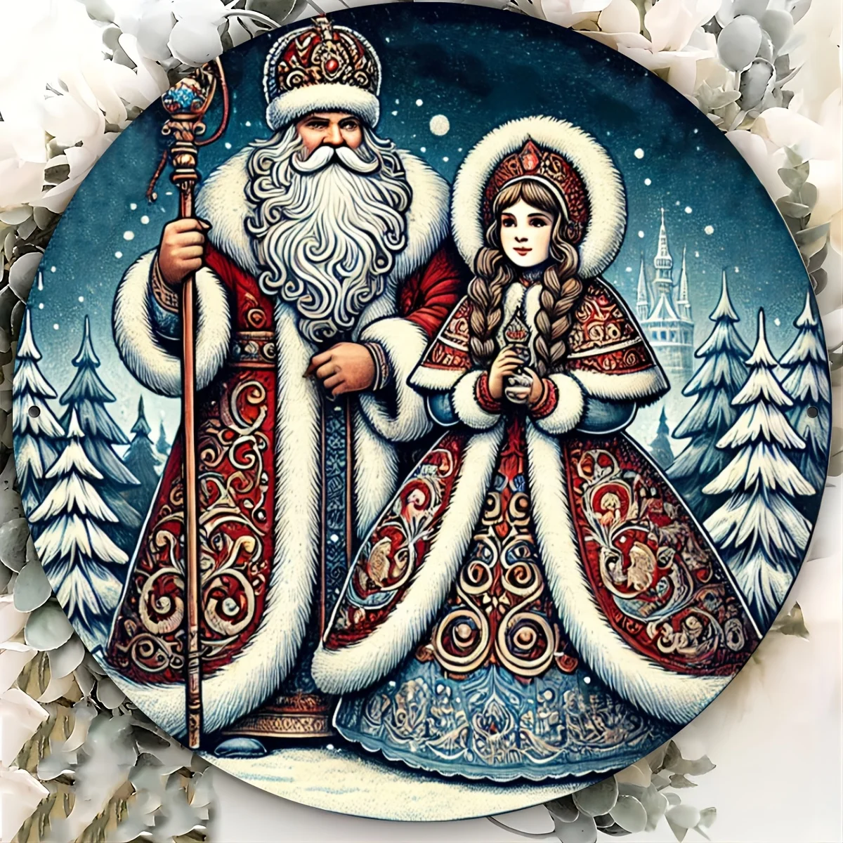 1PC Ded Moroz & Snegurochka Round Metal Tin Sign, Russian Christmas Winter Fairy Tale Plaque, 2D Flat Wall Decor For Holiday Cab