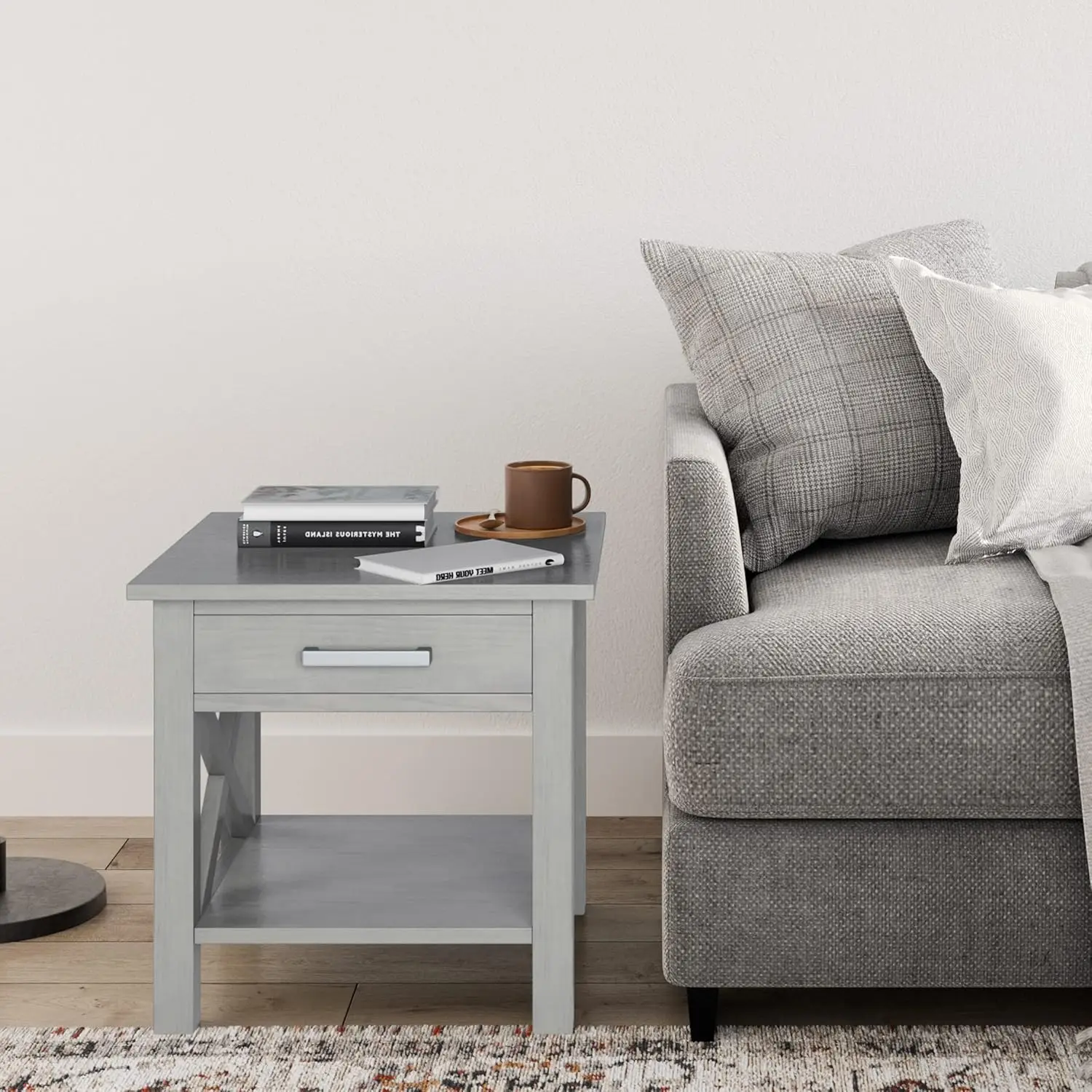 Kitchener SOLID WOOD 21 Inch Wide Square Contemporary End Side Table in Fog Grey, For the Living Room and Bedroom