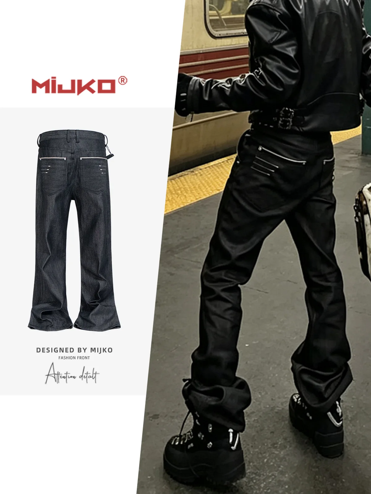 

MIJKO Flared Raw Denim Unisex Jeans Washed Wide Leg Dark Blue Leather Patch Long Pants TJ180