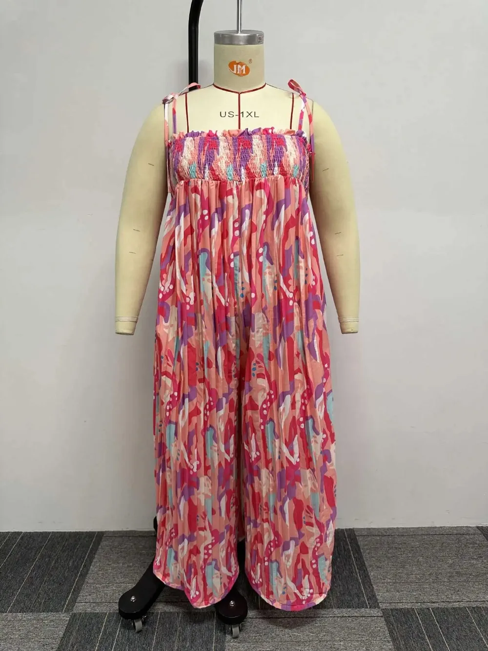 Women's Wide Leg Pant Jumpsuit, Casual Printed Spaghetti Strap, Sleeveless, Ruched Loose Fit, Party Club, Beach, Summer