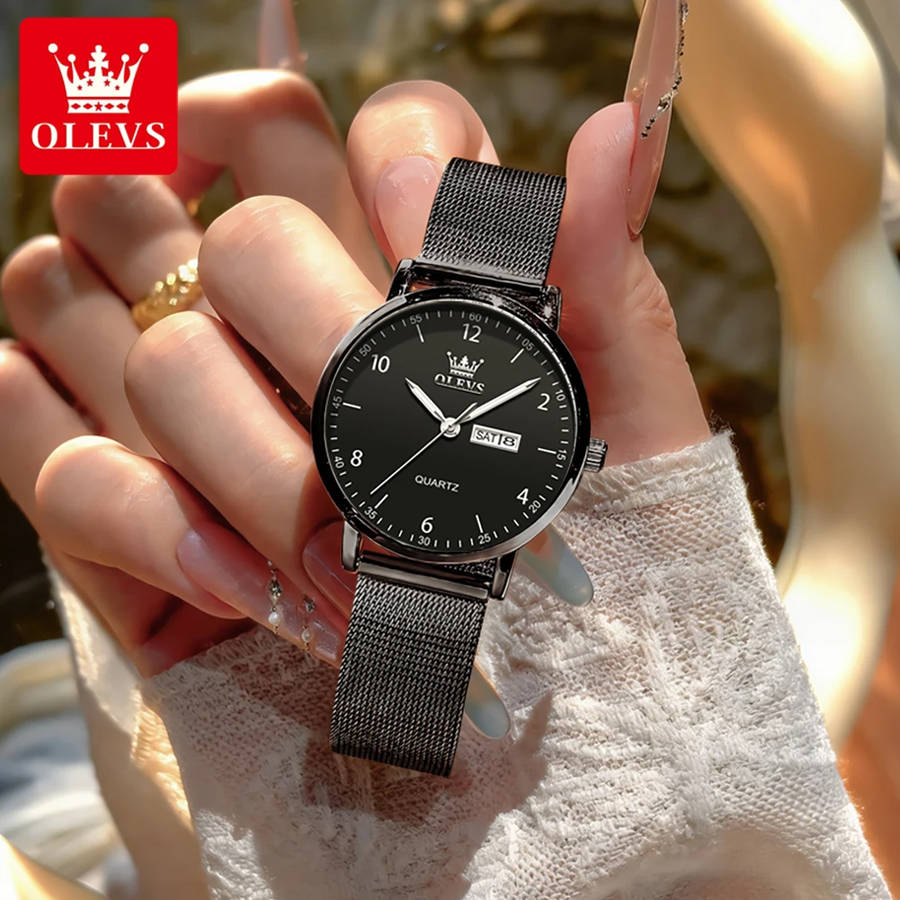 

OLEVS Women's Watches Minimalist Fashion Stainless Steel Mesh Strap Original Quartz Wristwatch for Lady Waterproof Luminous Date