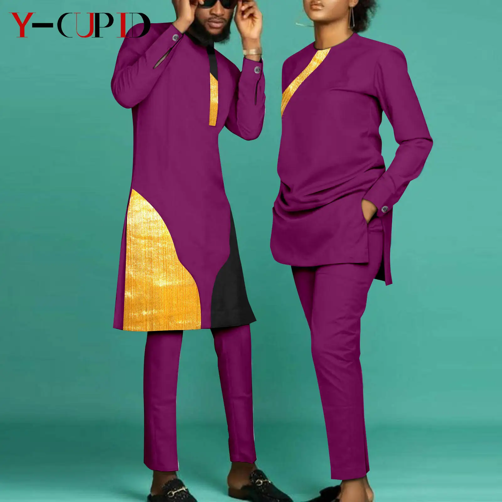 Bazin Riche African Clothes for Couples Kaftan Dashiki Men Outfits Matching Women Patchwork Top and Pant Sets Asoebi Y23C032