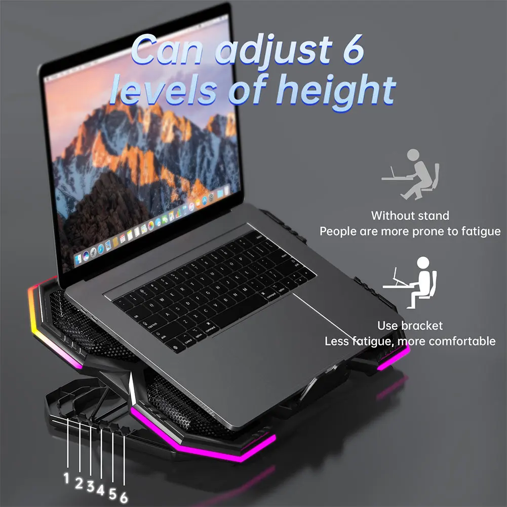 Air Cooler Notebook Stand Holder 2 USB Ports External Cooler with 6 Quiet Fans Height Adjustable for 12-21 Inch Gaming Notebooks
